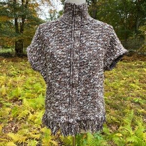 ST. JOHN SWEATER CARDIGAN BROWN WHITE FRINGE HEM SNAP CLOSE CAP SLEEVE Size S